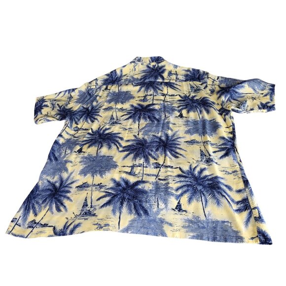 Pierre Cardin Button Up Shirt Men Sz L Yellow Blue Palm Trees Hawaiian Island - Picture 2 of 8